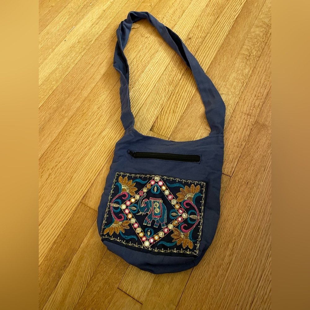 Vintage navy cross body bag with embroidered elephant